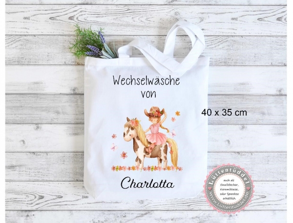 Cowgirl Pony Wechselwäsche Beutel Wechselkleidung Name (personalisiert) Kindergarten Wunschname KITA Kindergarten Einschulung Lüttentüddel®